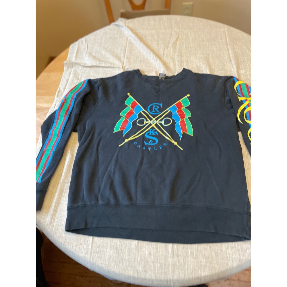 Crooks & Castles Sweatshirt XL Black Pullover Flags Striped Sleeve - Picture 6 of 10